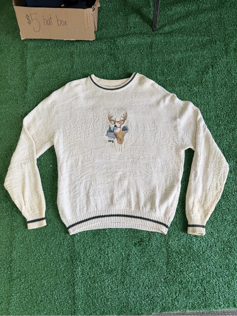Men's Cream Knit Sweater with Deer Embroidery